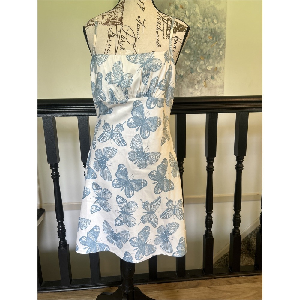 Shekou Satin Dress Size Large Blue And White Butterfly New